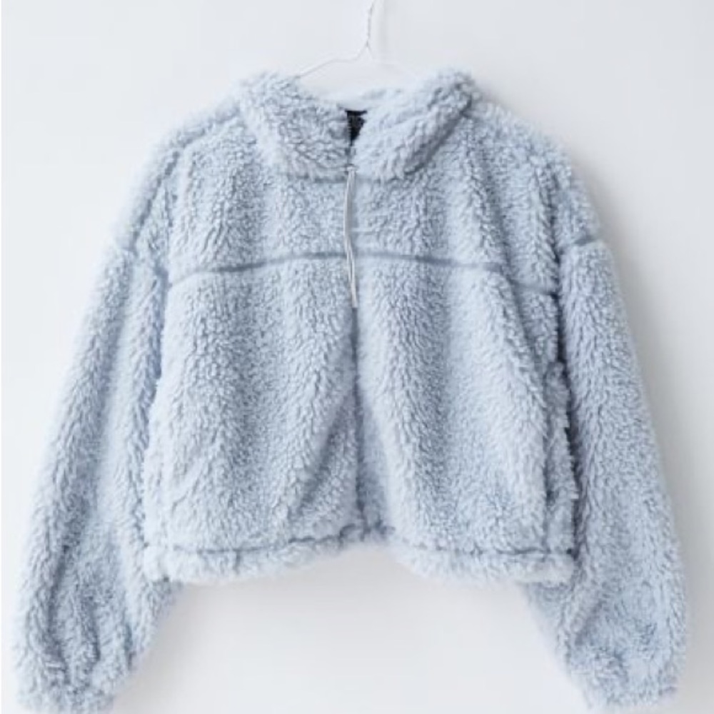 BDG Blue-Gray Hooded Cropped Teddy Jacket - XS